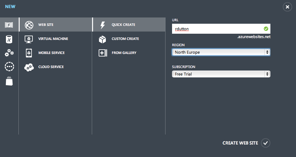 Azure Dashboard - New web site