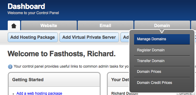 Fasthosts Dashboard - Manage Domains