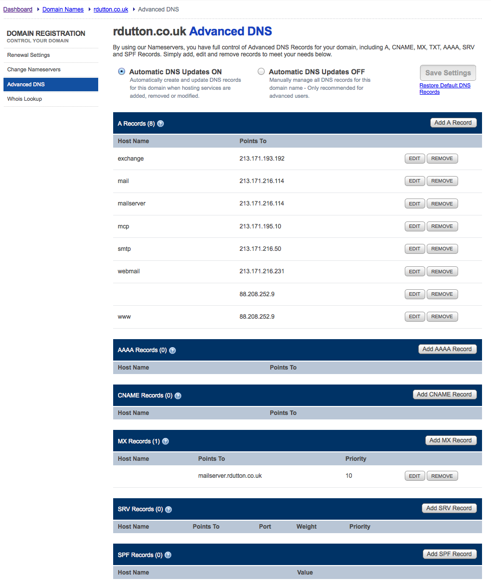 Fasthosts Dashboard - Advanced DNS Window