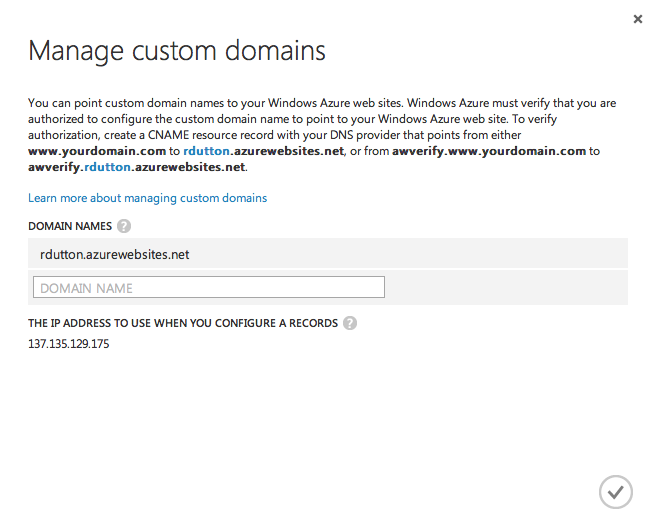 Azure Dashboard - Manage Custom Domains