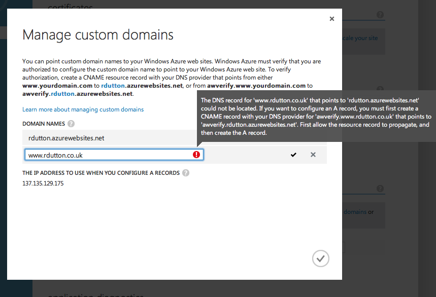 Azure Dashboard - Manage Custom Domains Fail
