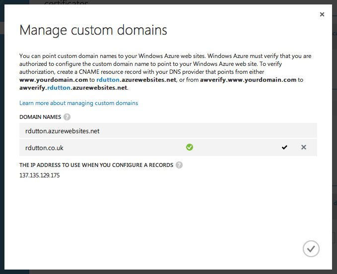 Azure Dashboard - Manage Custom Domains Success