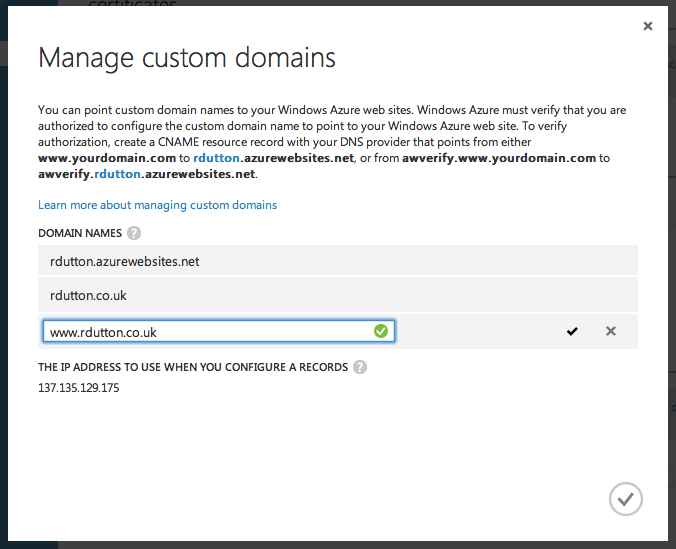 Azure Dashboard - Manage Custom Domains Success